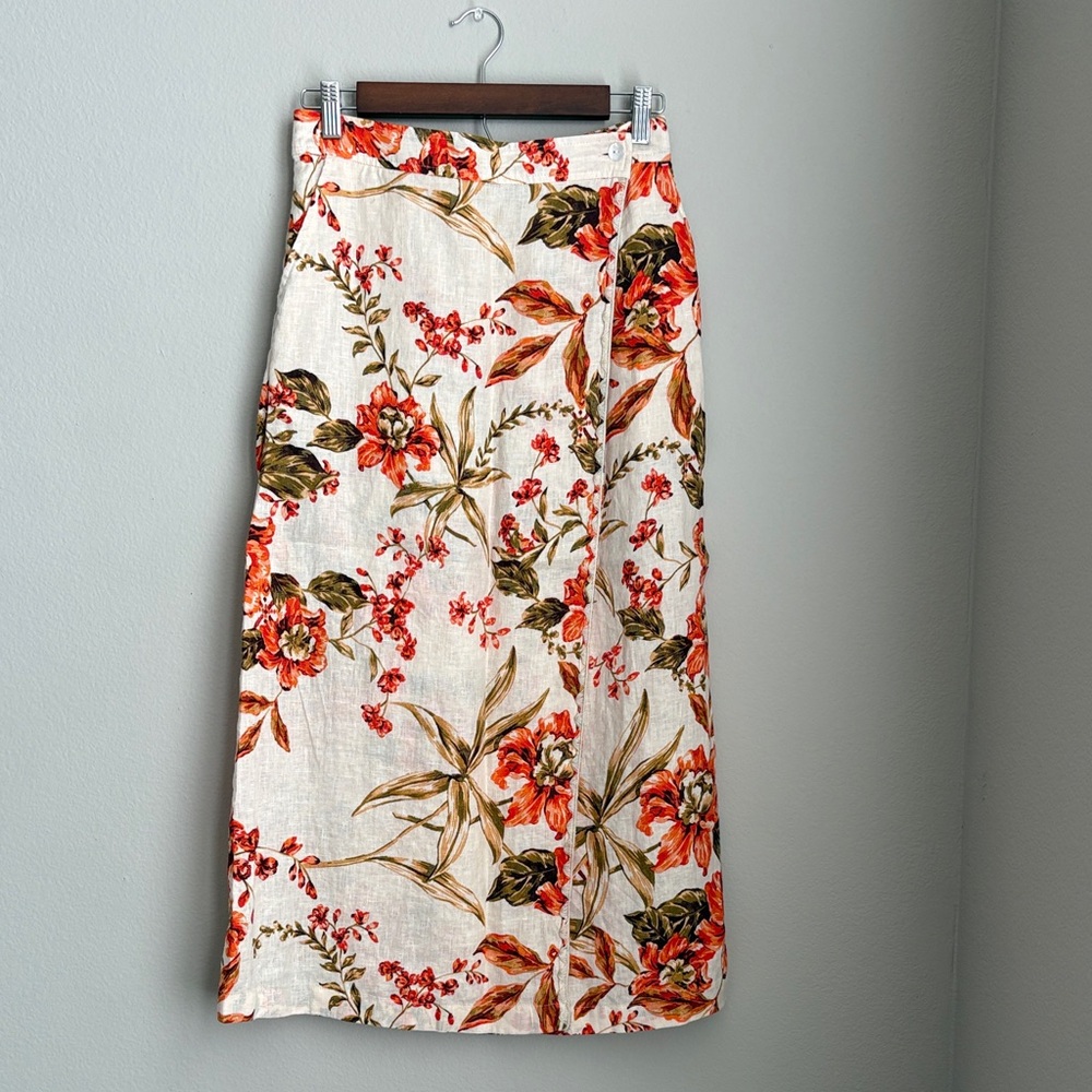 Joie Midi Linen Wrap Skirt Floral Cream and‎ Orange Embroidered Boho Size S